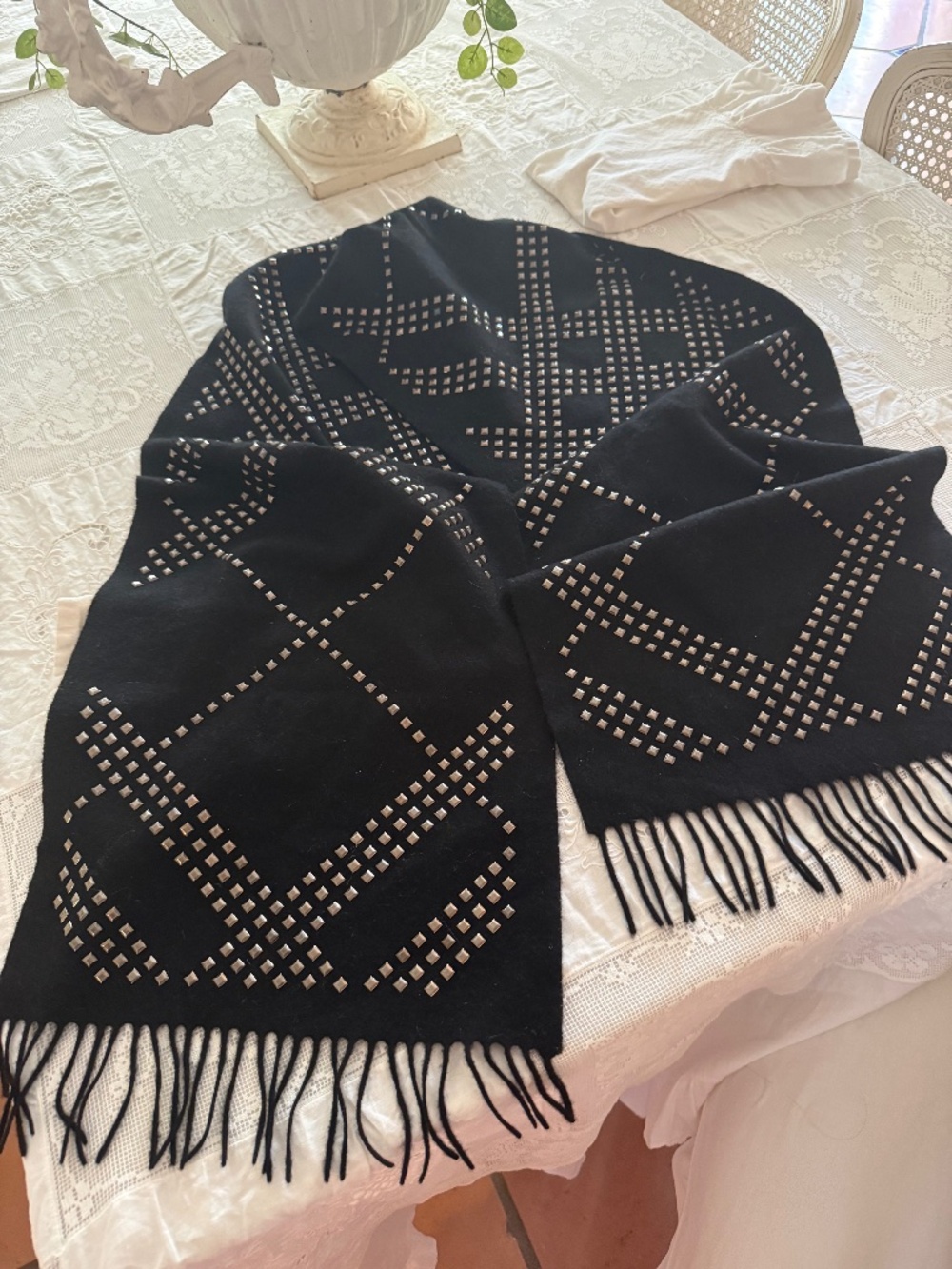 Burberry Prorsum Black Studded Cashmere Scarf Fringe $1195